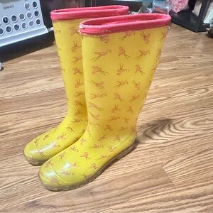 Yellow Rain Boots with Pink Flamingo Print